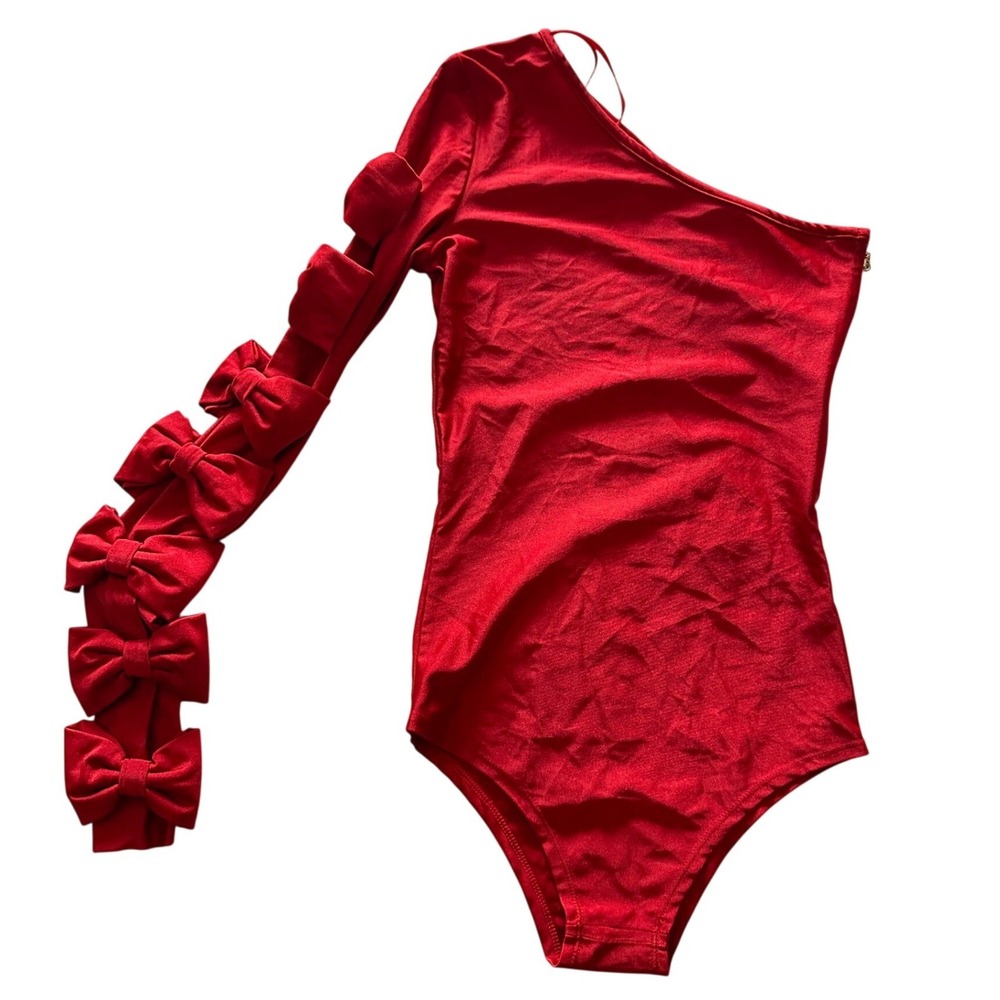 Thomas Wylde Red One Shoulder Bow Sleeve Bodysuit XS Luxe Coquette
